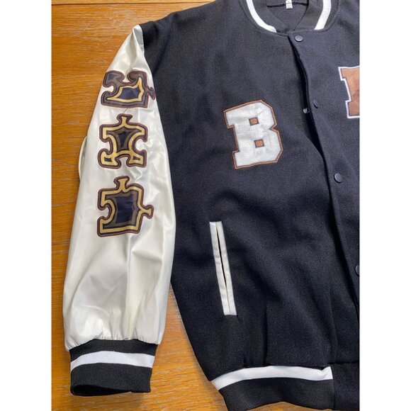 Graffiti Puzzle Bomber Jacket Black & White Varsity Style - Picture 4 of 6